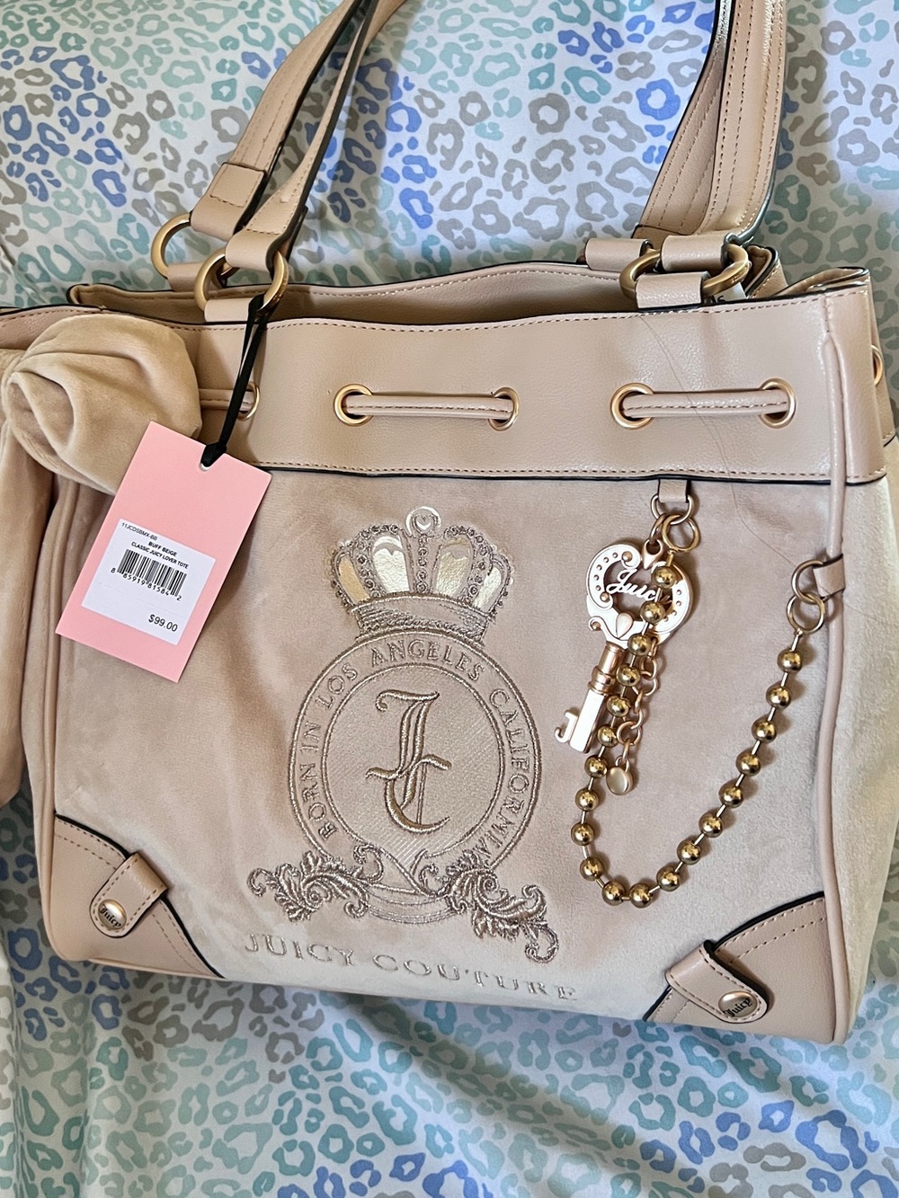 New Tan Juicy Couture Purse Daydreamer Tote Bag Velour Handbag Key Charm